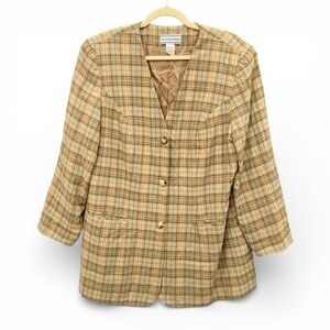 vintage 90s plaid linen blend collarless blazer